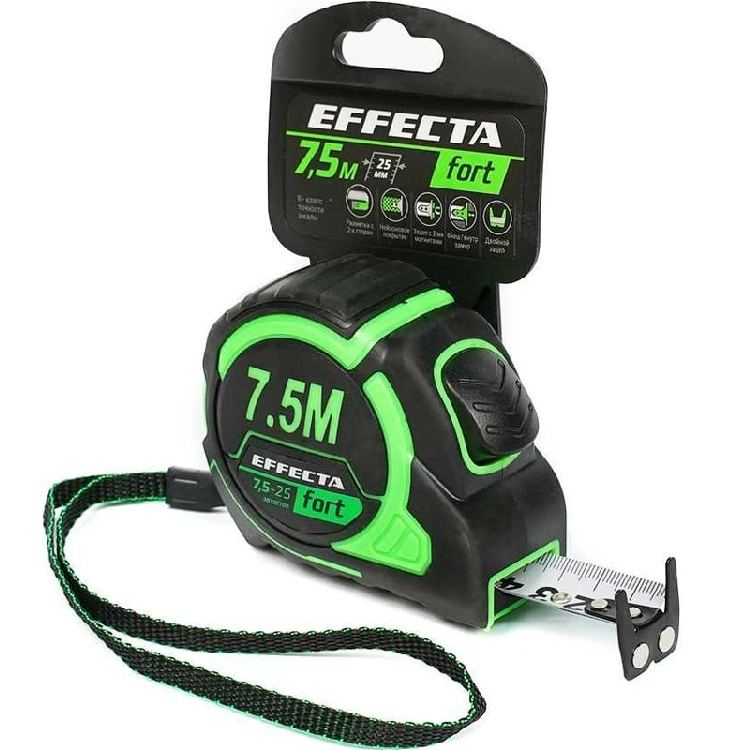 Рулетка  "Effecta Fort" магнит, автостоп, лента -2 стор шкала-нейлон 7,5м/25мм (581725)                                                                                                                 